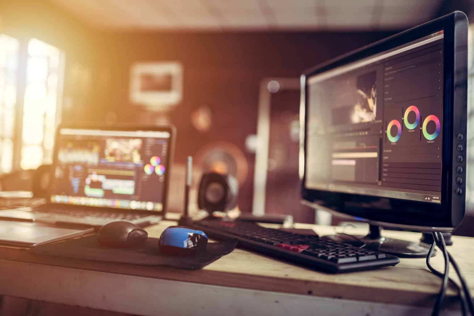 Monitor editing video content or creativity video and grading color video of freelance editor